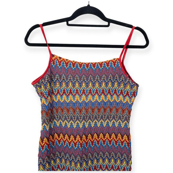 Vintage Y2K Eye Candy Zigzag Multicolor Knit Midi Dress With Red Spaghetti Strap - Picture 4 of 11